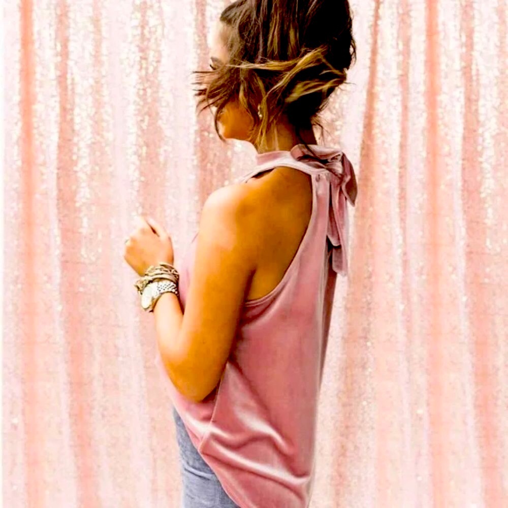 NWT Sz L Gibson X Glam The Motherchic Pink Velvet Halter Tie Top - Picture 4 of 11